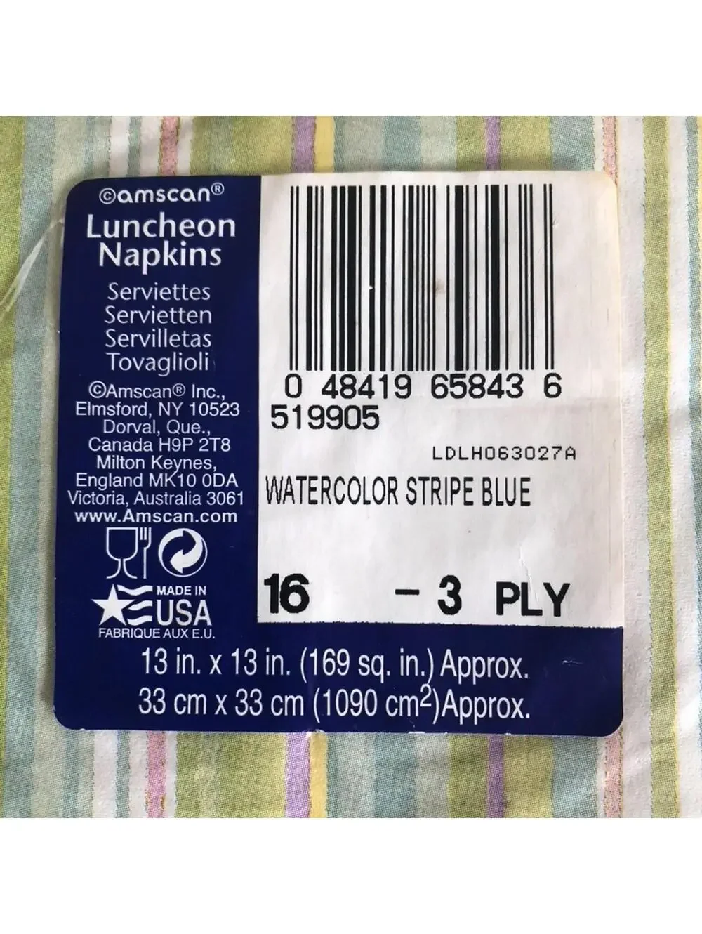 Amscan 2 Luncheon 1 Beverage Napkins Watercolor Stripe Blue Made in USA NWT